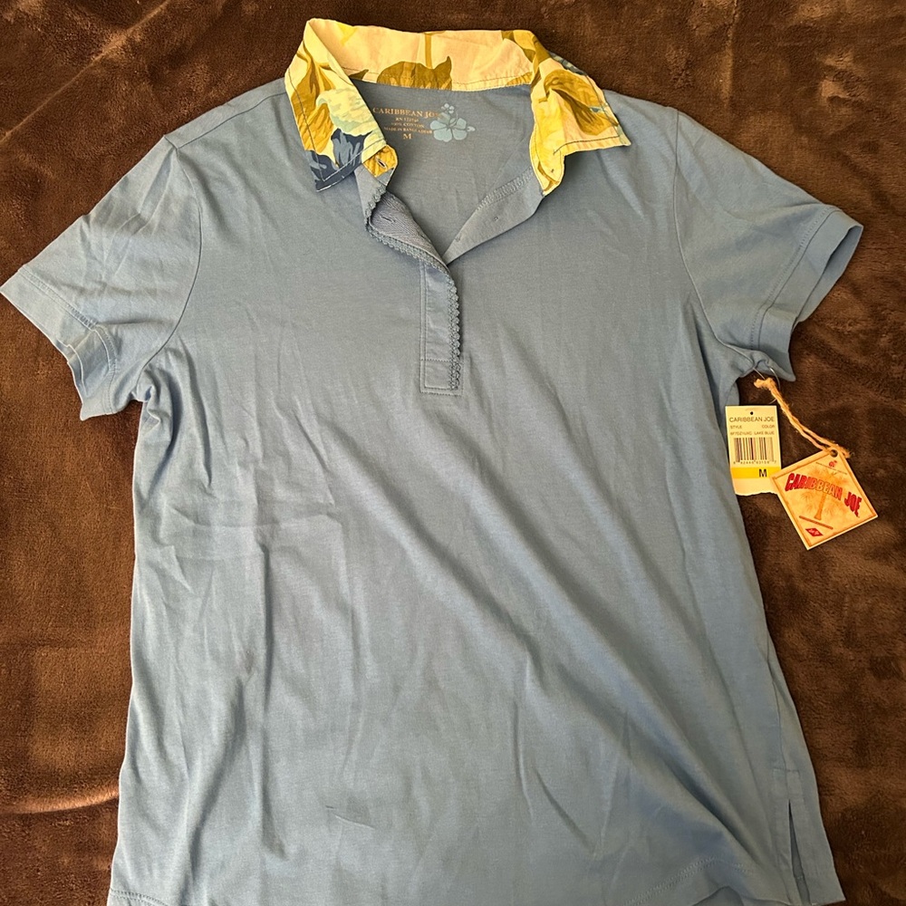NWT Caribbean Joe Light Blue Polo with Yellow Floral Collar